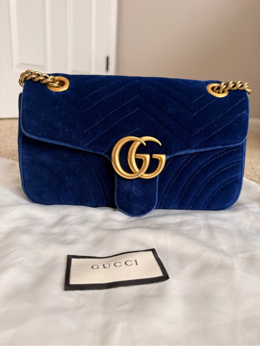 Gucci Marmont Velvet Shoulder Bag in Deep Blue